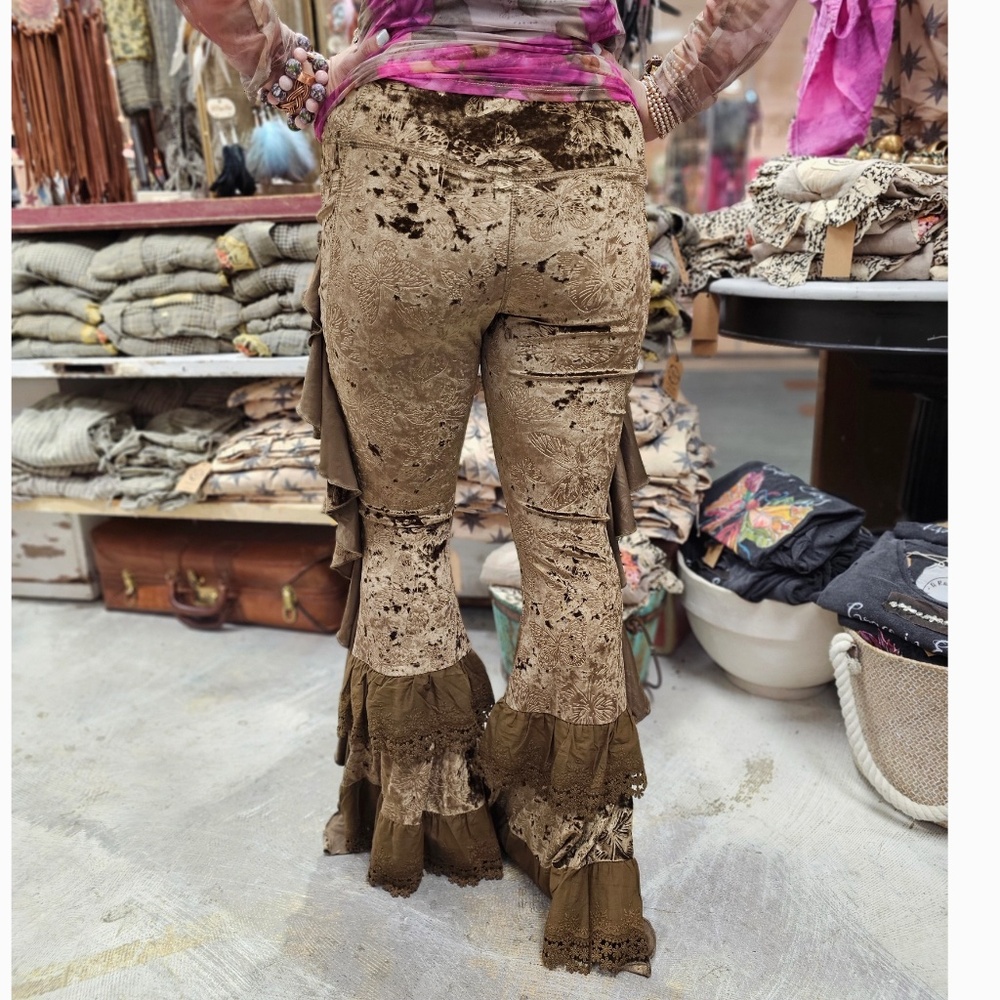 A Rare Bird Brown Butterfly Embossed Stretchy Waist Lace Ruffle Pants - Picture 3 of 5